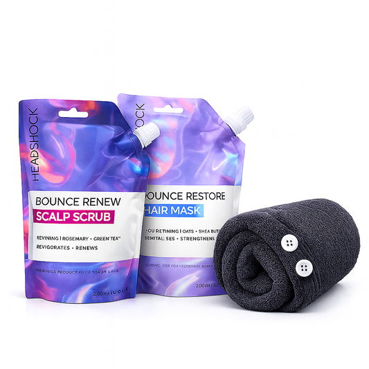 Headshock scalp scrub and hair mask gift set with hair towel wrap, featuring exfoliating rosemary scalp scrub and nourishing hair mask for healthy hair care.