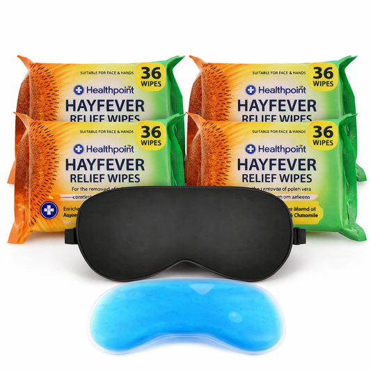 Healthpoint hayfever relief wipes multipack with soothing aloe vera and chamomile, shown with black sleep eye mask and blue cooling gel eye mask.