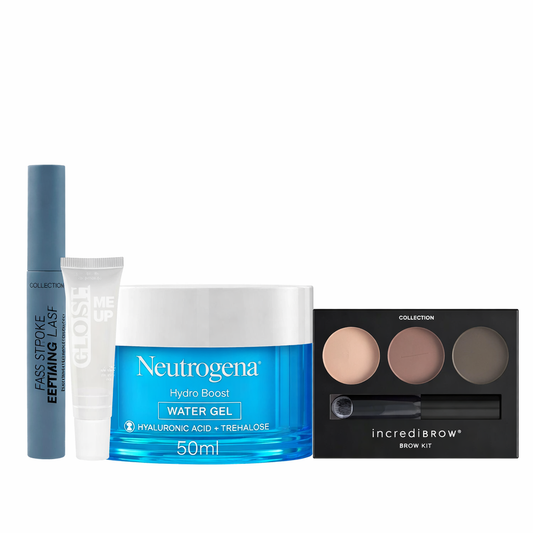 Hydrating makeup and skincare set featuring Neutrogena Hydro Boost water gel, lip gloss, brow kit and lash products on a clean white background
