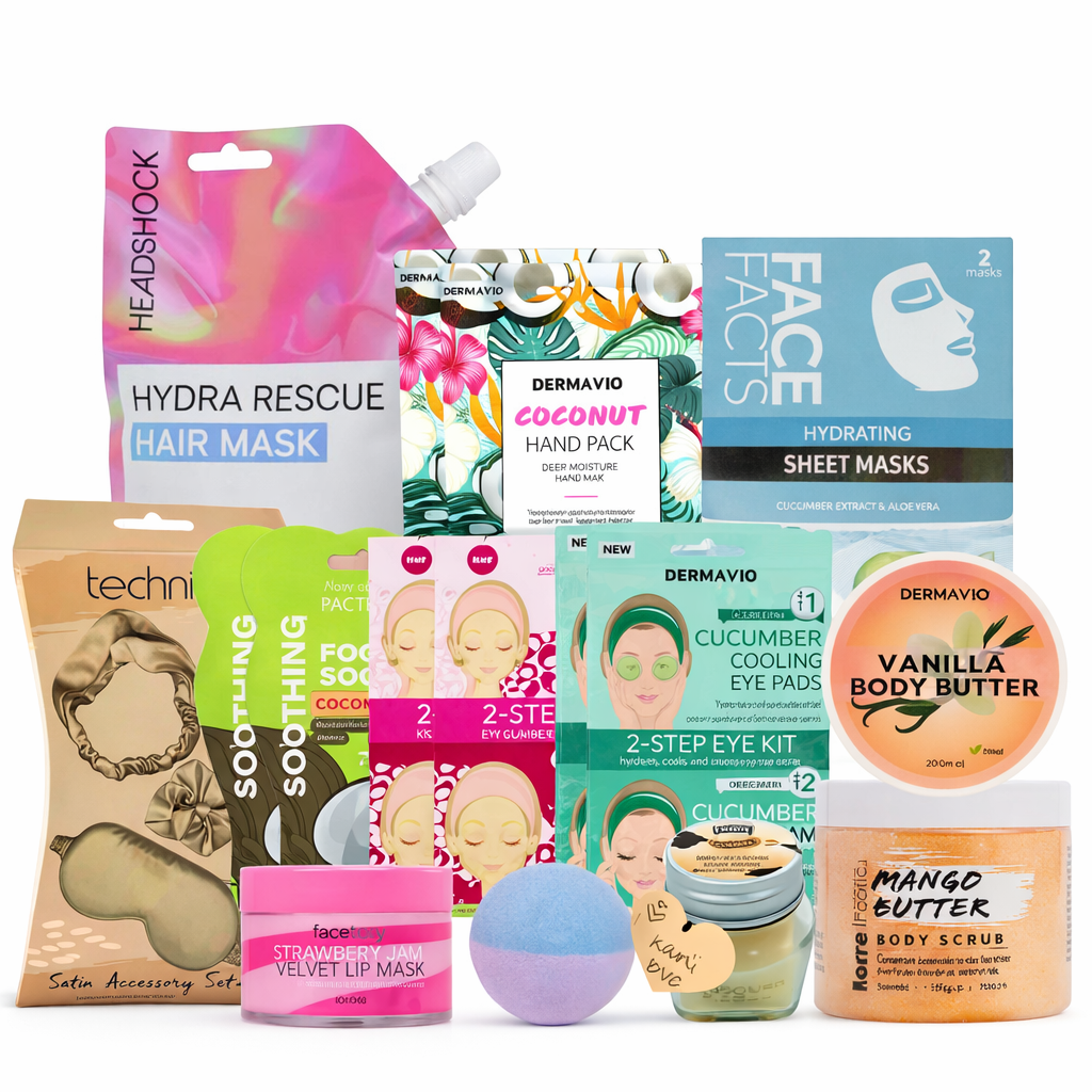 luxury pamper gift set featuring hair mask, face masks, foot socks, lip care, body butter, body scrub, bath bomb, candle and satin accessories arranged together