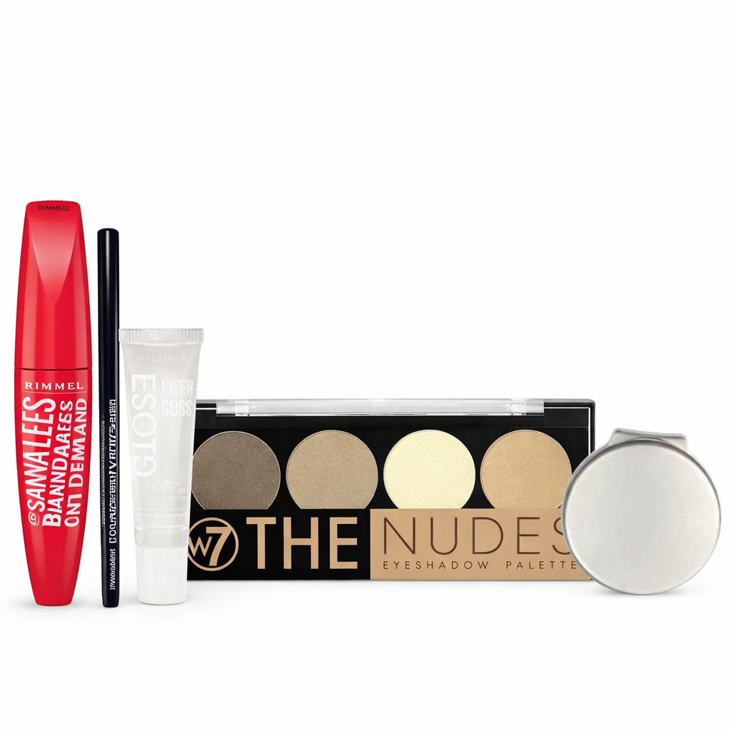 Complete makeup cosmetic set including eyeshadow palette, mascara, eyeliner, lip gloss and compact displayed on a white background