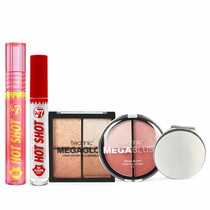 Makeup gift set featuring plumping lip oil, lip gloss, blush and highlighter displayed on a clean white background