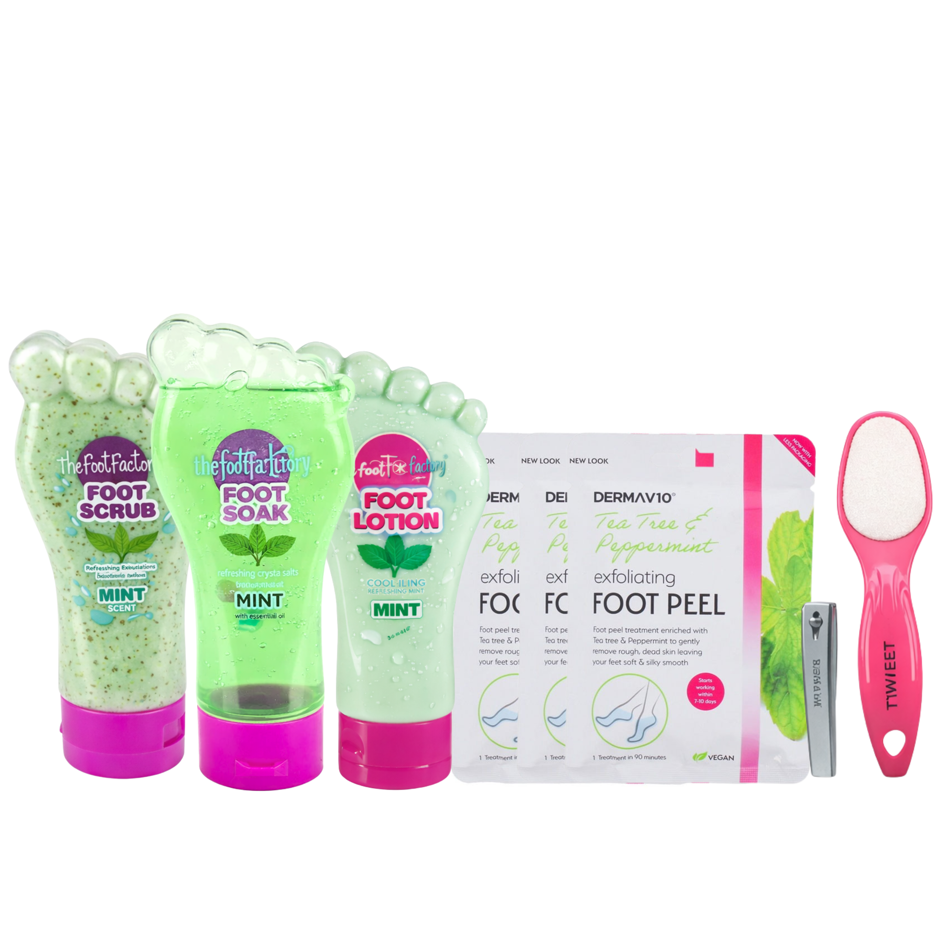 Mint foot care bundle with exfoliating foot scrub, foot soak, cooling foot lotion, tea tree foot peel masks, double sided foot file and nail clipper on white background