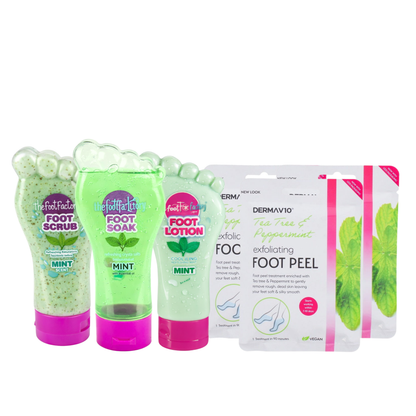 Mint foot care set including foot scrub, foot soak, foot lotion and tea tree peppermint foot peel mask for smooth and refreshed feet