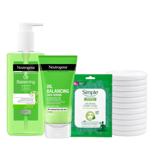 Neutrogena oil balancing facial wash and face scrub with Simple aloe vera sheet mask displayed on a clean white background for oily skin skincare routine
