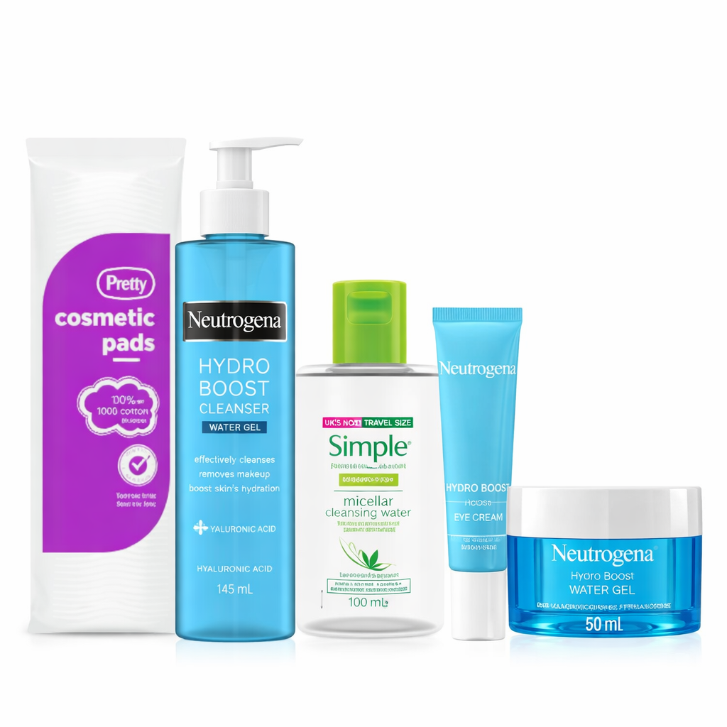 Neutrogena and Simple skincare set including Hydro Boost cleanser, water gel, eye cream, micellar water and cotton pads on a clean white background