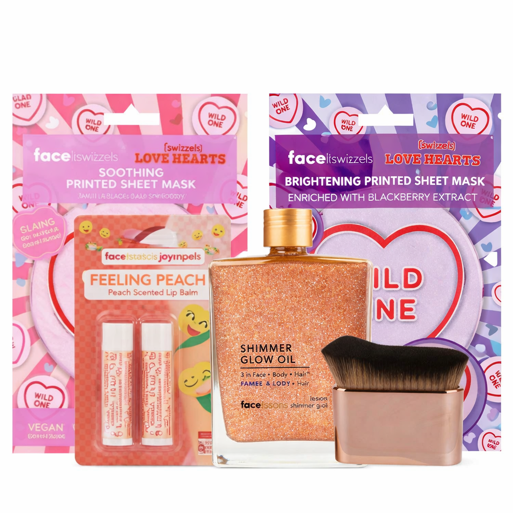 Peach glow self care gift set featuring printed sheet masks, peach lip balm, shimmer glow oil and kabuki brush on white background