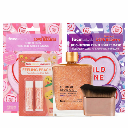 Peach glow self care gift set featuring printed sheet masks, peach lip balm, shimmer glow oil and kabuki brush on white background