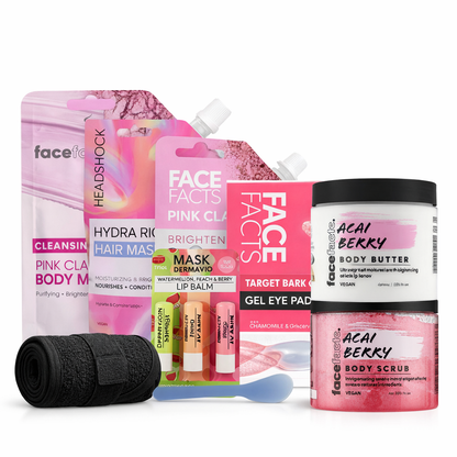 Pink clay spa gift set with Face Facts skincare, acai berry body scrub, body butter, eye patches, lip balms, hair mask and spa headband on white background