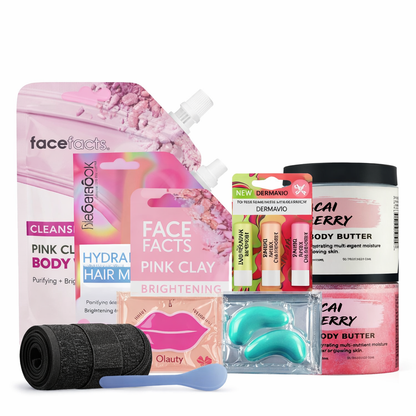 Complete pink clay spa gift set with body mask, hair mask, body scrub, body butter, lip mask, eye patches and accessories on white background