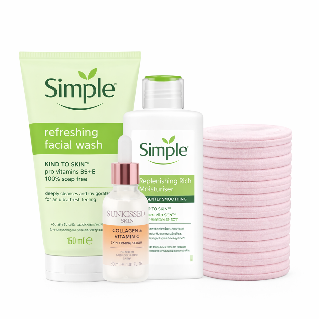 Simple skincare gift set with refreshing facial wash, replenishing moisturiser, collagen and vitamin C serum, and reusable pink face towels on white background