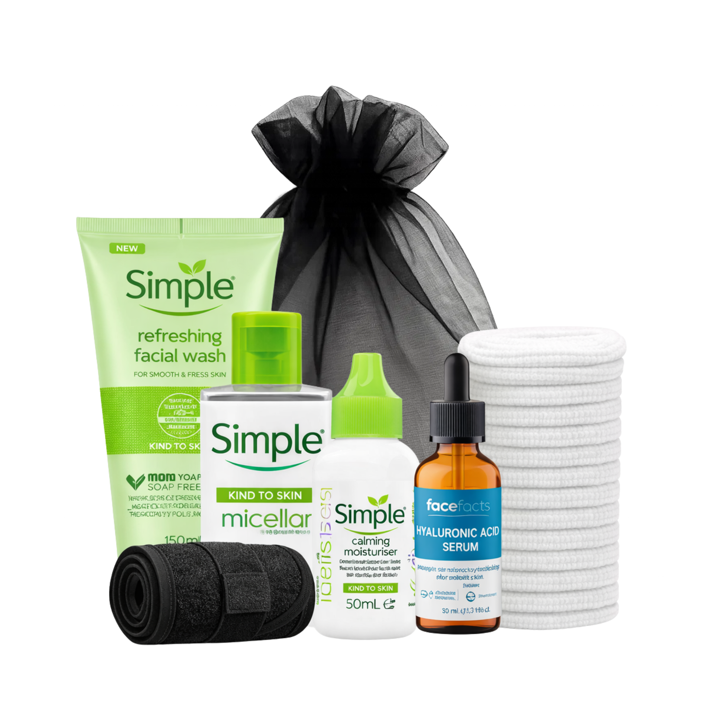 Skincare gift set with Simple facial wash, micellar water, calming moisturiser, hyaluronic acid serum, reusable cotton pads and headband on white background