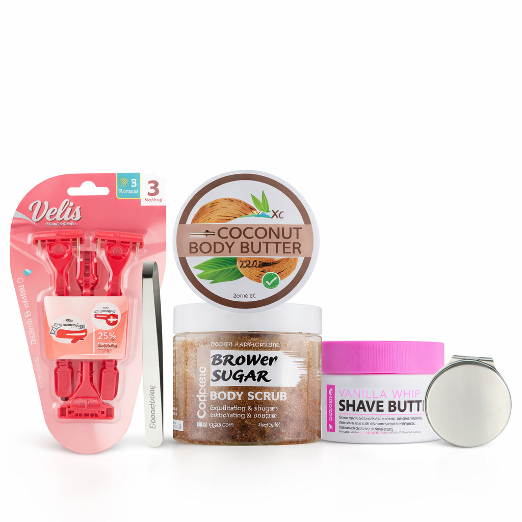 Summer shaving essentials kit featuring brown sugar body scrub, coconut body butter, vanilla whip shave butter, razors and grooming tools on white background
