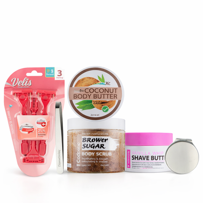 Summer shaving essentials kit featuring brown sugar body scrub, coconut body butter, vanilla whip shave butter, razors and grooming tools on white background