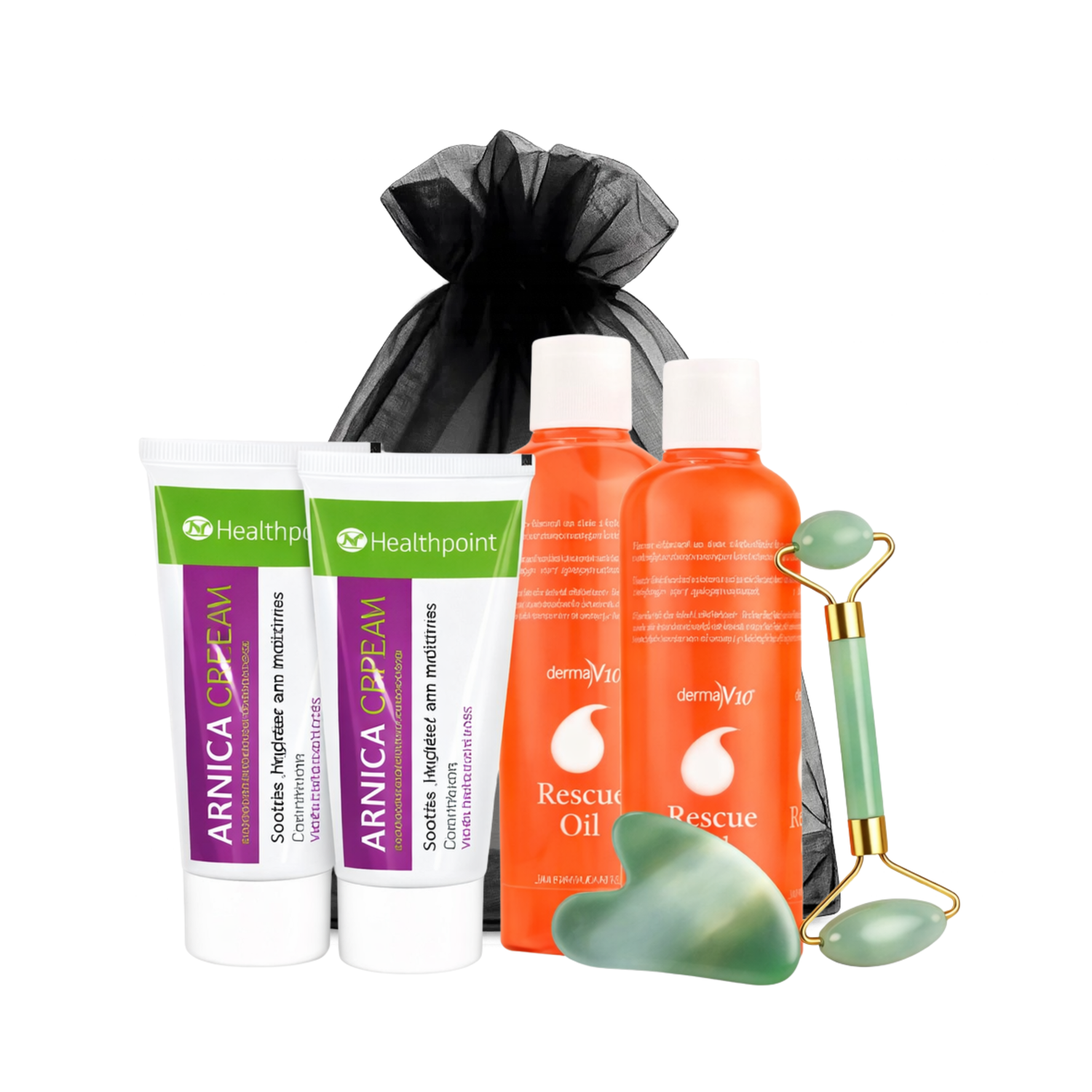 Rescue oil and arnica cream bundle with jade roller and gua sha tool for massage, soothing skin care and targeted scar and bruise care.