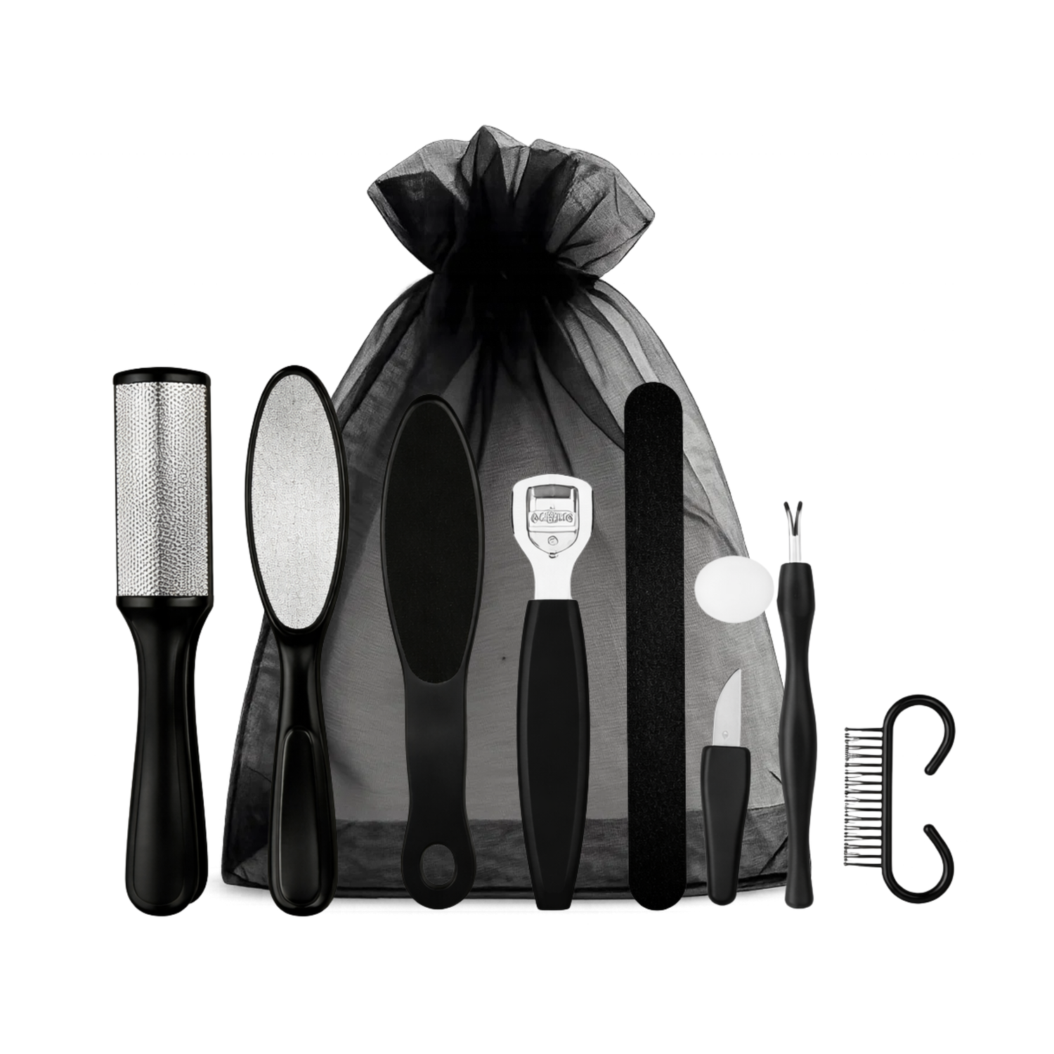 Stainless steel foot file and pedicure tool set including callus remover, nail file, cuticle tools and exfoliating foot rasp on white background.