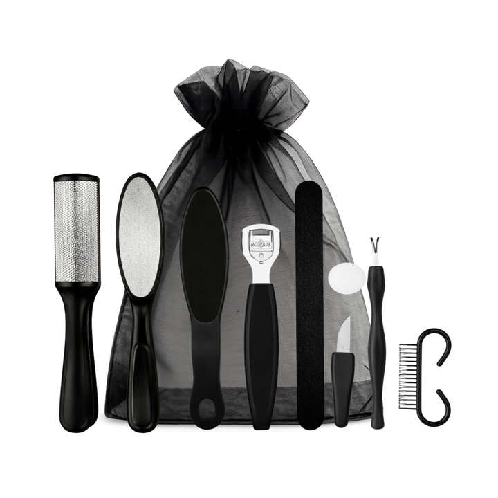 Stainless steel foot file and pedicure tool set including callus remover, nail file, cuticle tools and exfoliating foot rasp on white background.