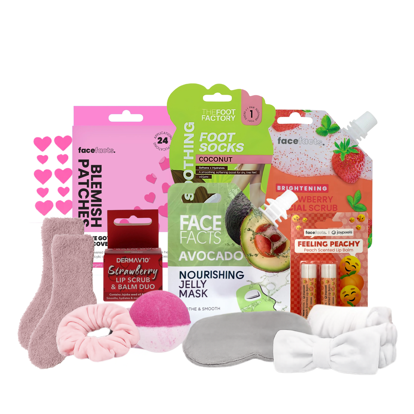Teen pamper gift set featuring heart blemish patches, avocado jelly face mask, strawberry sheet mask, collagen lip mask, lip kit, eye mask and spa accessories.