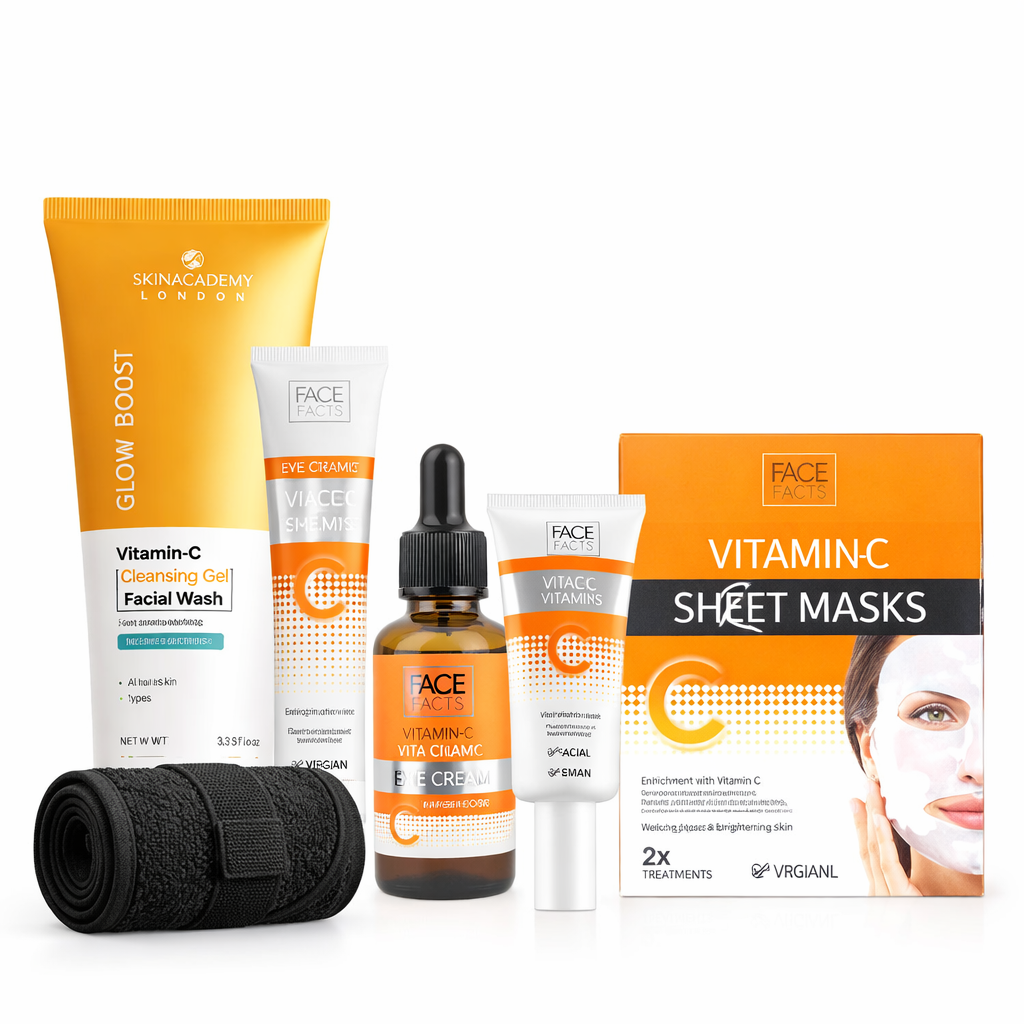 Vitamin C skincare set featuring Face Facts serum, face cream, eye cream, sheet masks and Skin Academy Glow Boost facial wash for brightening and glowing skin