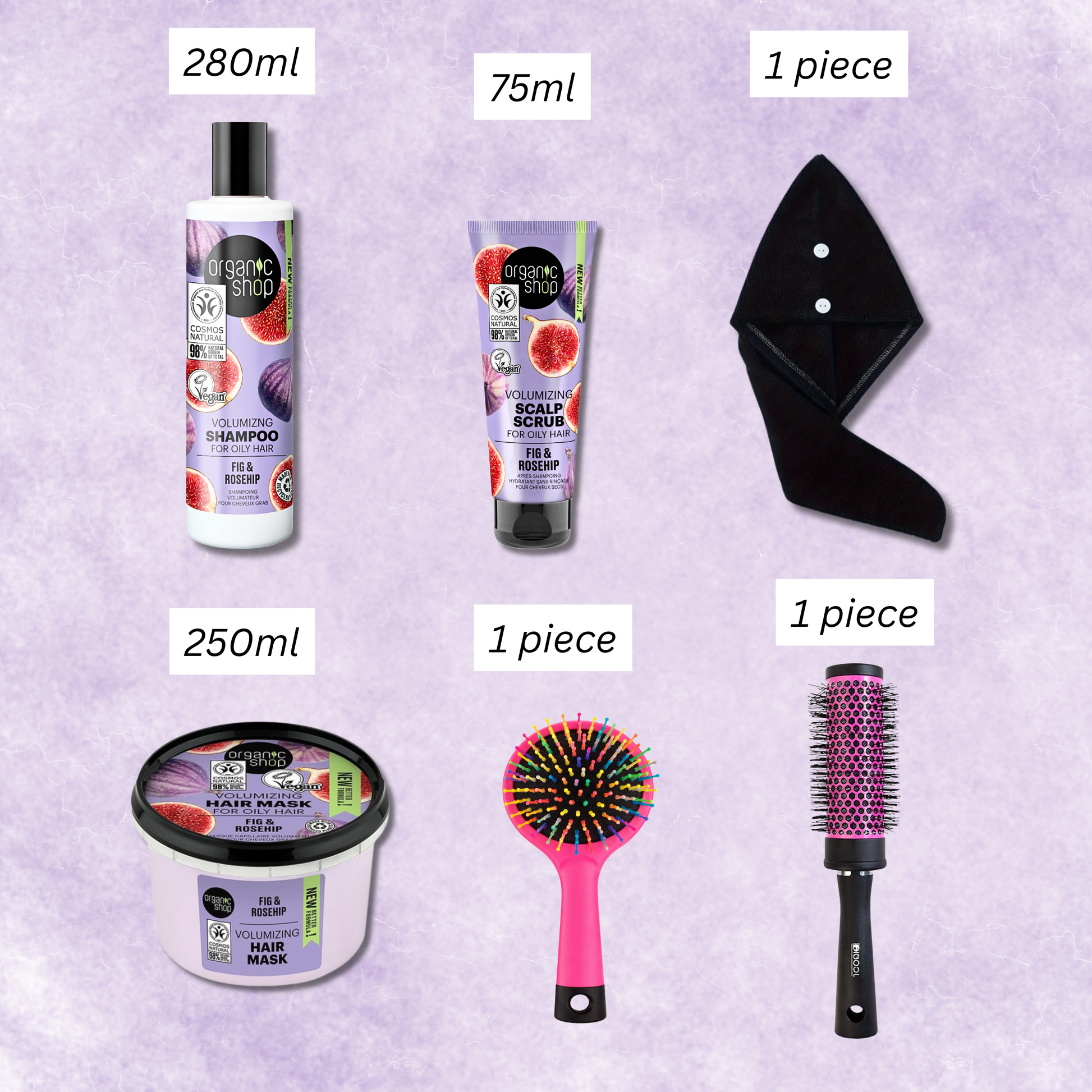Hair care product size chart showing fig & rosehip shampoo, scrub, mask, towel wrap, and pink detangling brush.