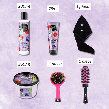 Hair care product size chart showing fig & rosehip shampoo, scrub, mask, towel wrap, and pink detangling brush.