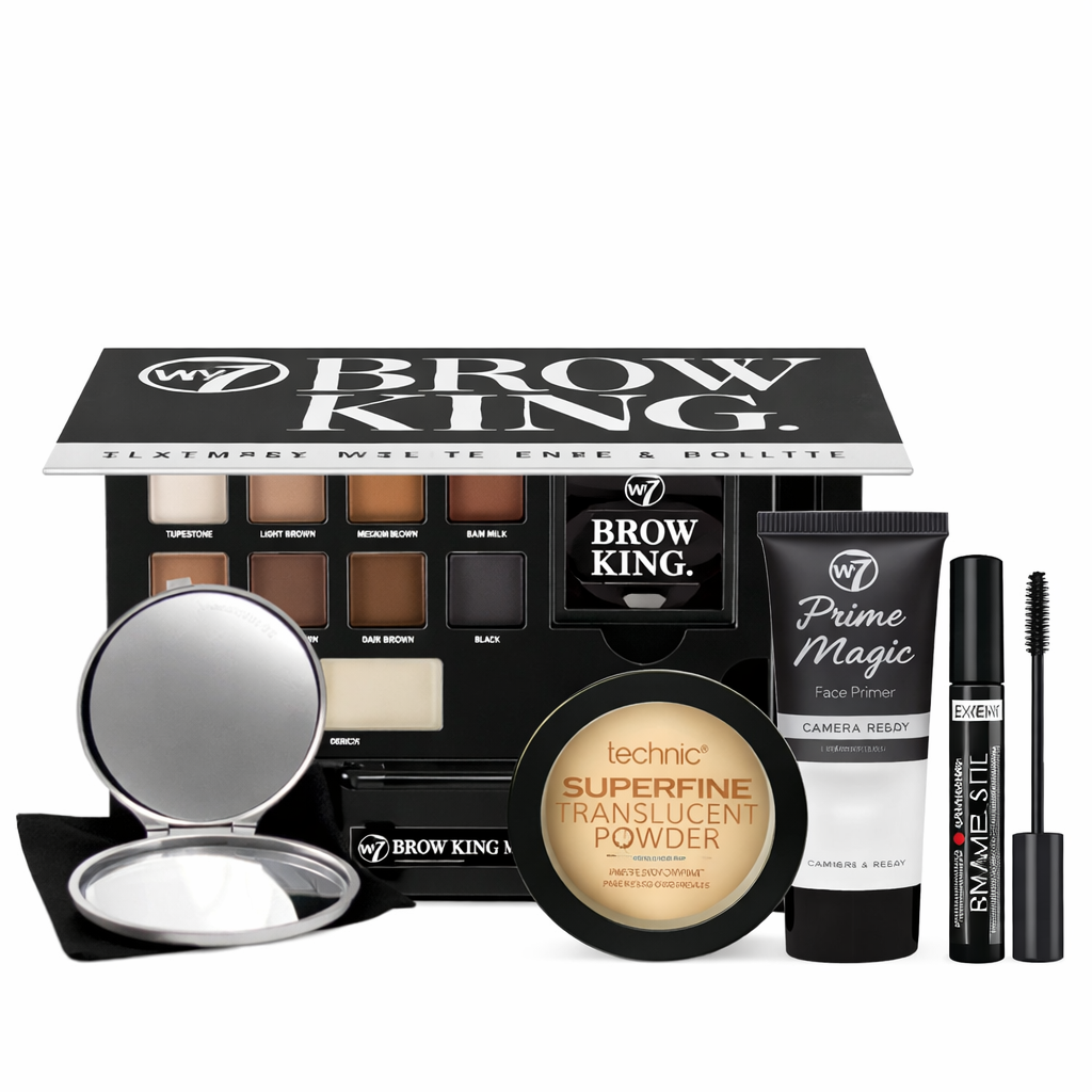 Full W7 Brow King makeup kit including brow palette, translucent powder, face primer and mascara photographed in a clean studio setting