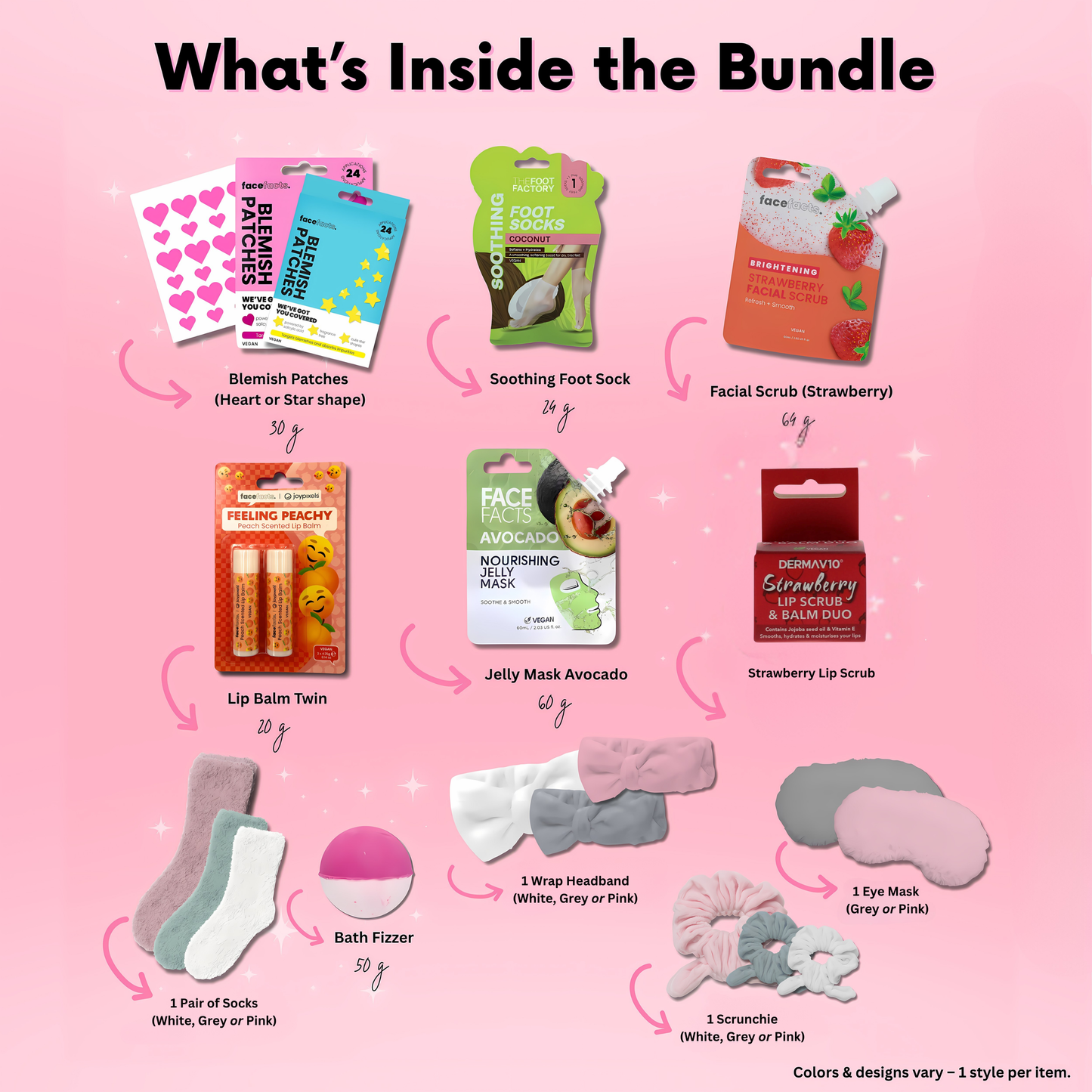 Flat lay of 11-piece teen skincare and self-care bundle contents including masks, socks, lip kit, headband, and more