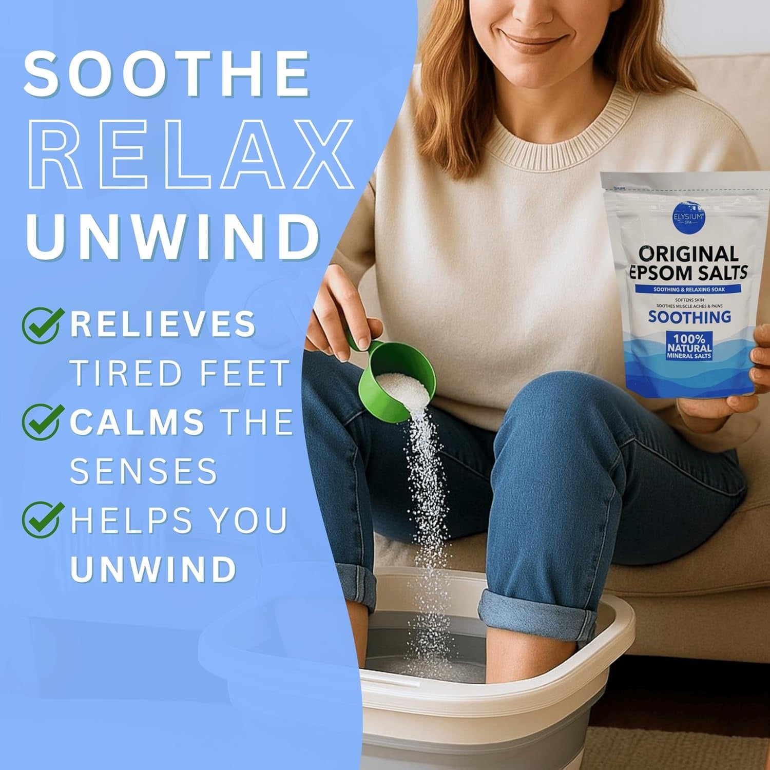 Woman pouring epsom salts into collapsible foot spa basin for relaxing at-home foot soak treatment
