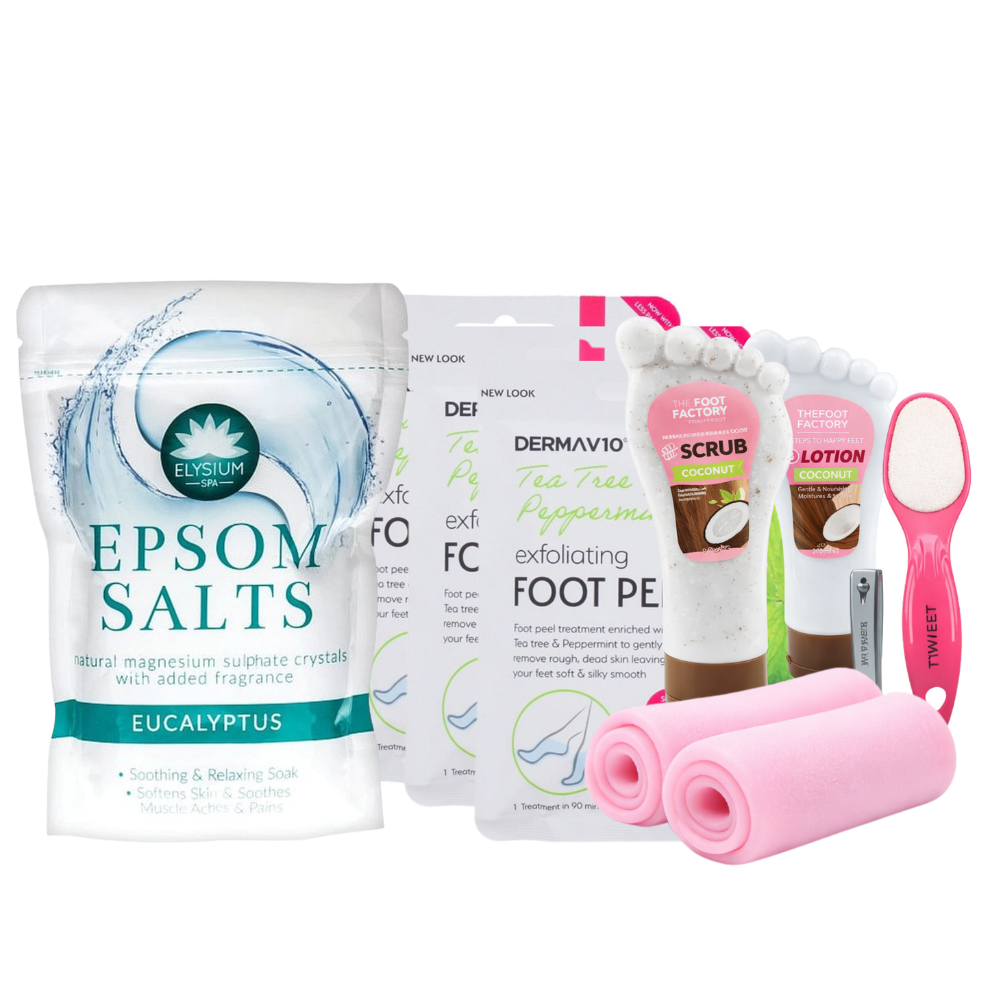 At-home foot care spa gift set including eucalyptus epsom salts, tea tree foot peel masks, exfoliating foot scrub, hydrating foot lotion, silicone foot socks and double-sided foot file
