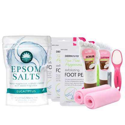 At-home foot care spa gift set including eucalyptus epsom salts, tea tree foot peel masks, exfoliating foot scrub, hydrating foot lotion, silicone foot socks and double-sided foot file
