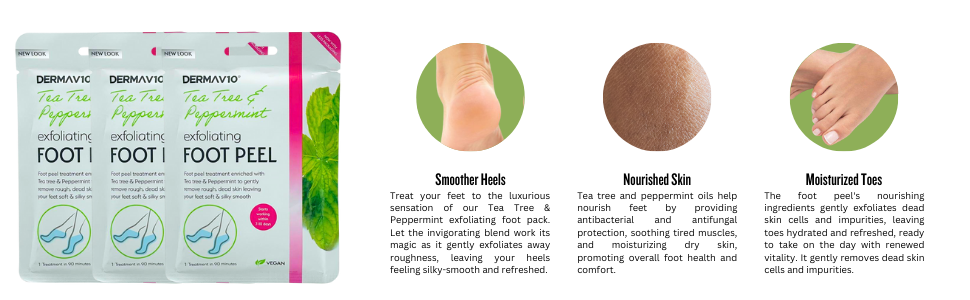 Tea tree and peppermint foot peel mask benefits showing smoother heels, nourished skin, and moisturized toes.