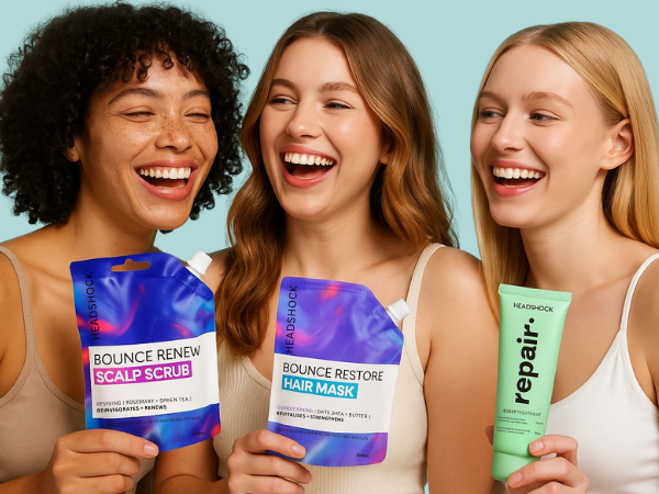 Group of women holding scalp scrub, hair mask and repair treatment, showcasing a complete hair care routine for healthy hair.