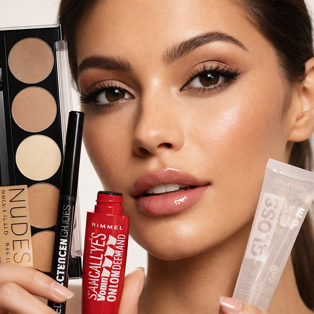 Editorial beauty image of a model with a complete makeup gift set including eyes, lips and lash products