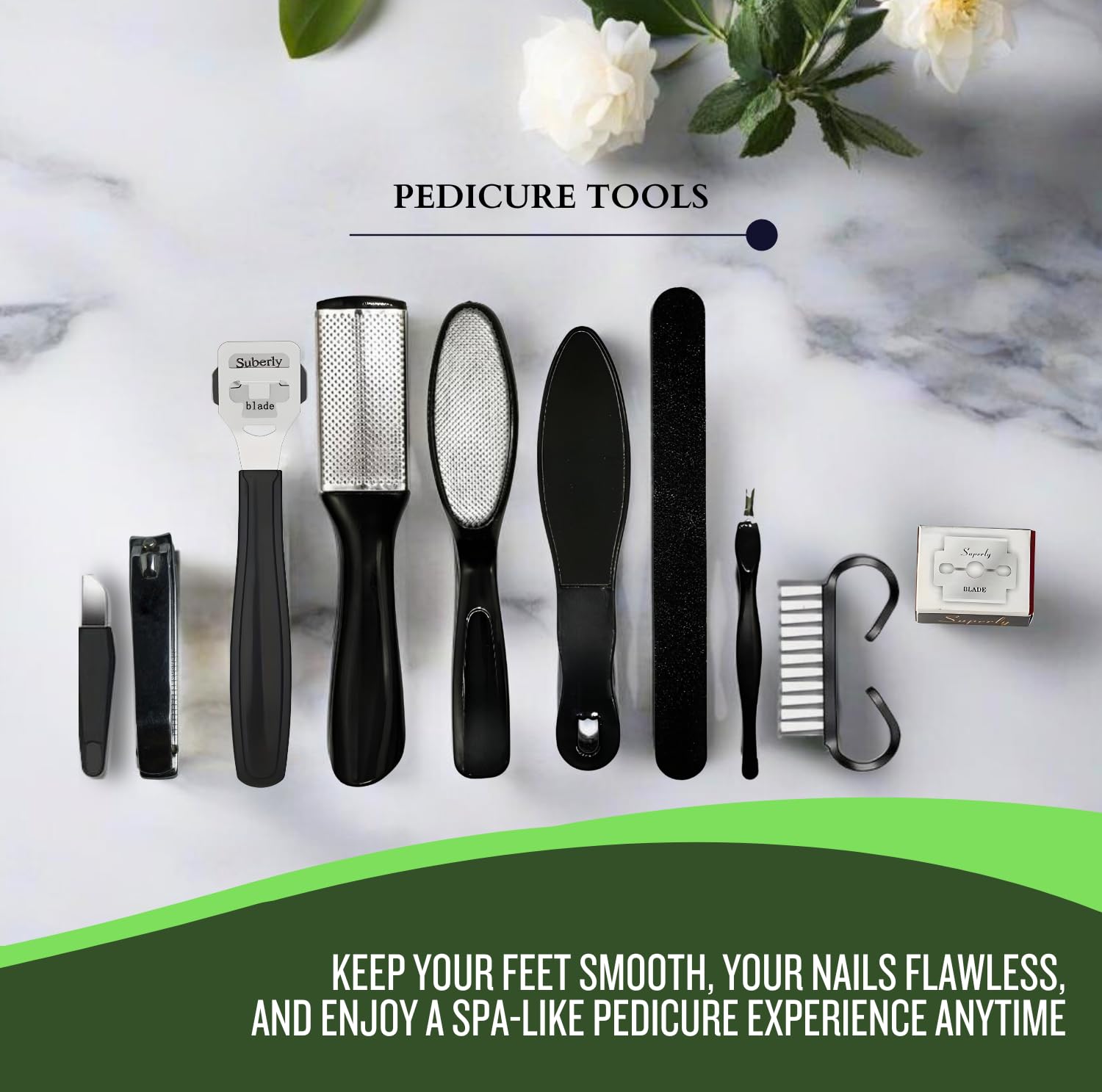 Professional pedicure tools set including foot files, callus remover, nail clippers, and accessories for smooth feet and neat nails at home.