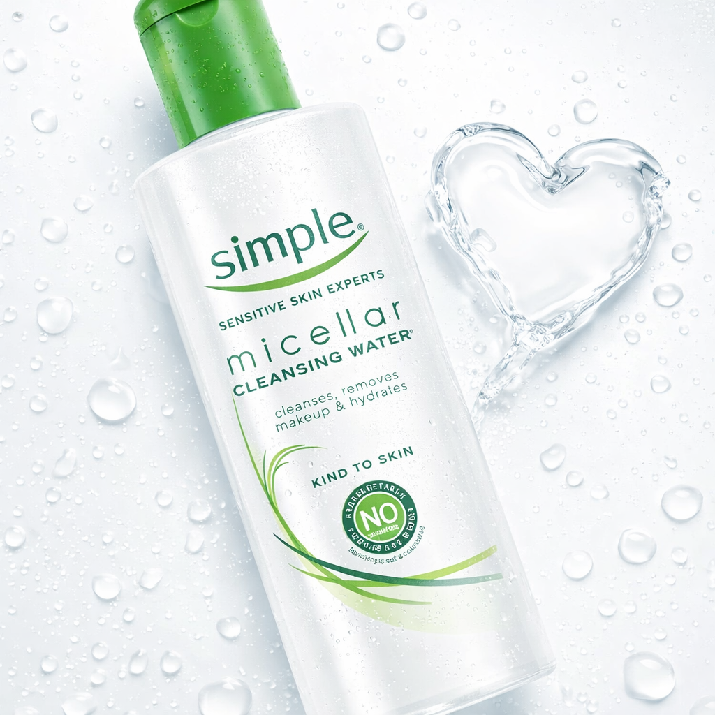 Simple micellar cleansing water bottle with water droplets designed for sensitive skin makeup removal