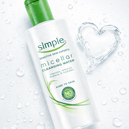 Simple micellar cleansing water bottle with water droplets designed for sensitive skin makeup removal