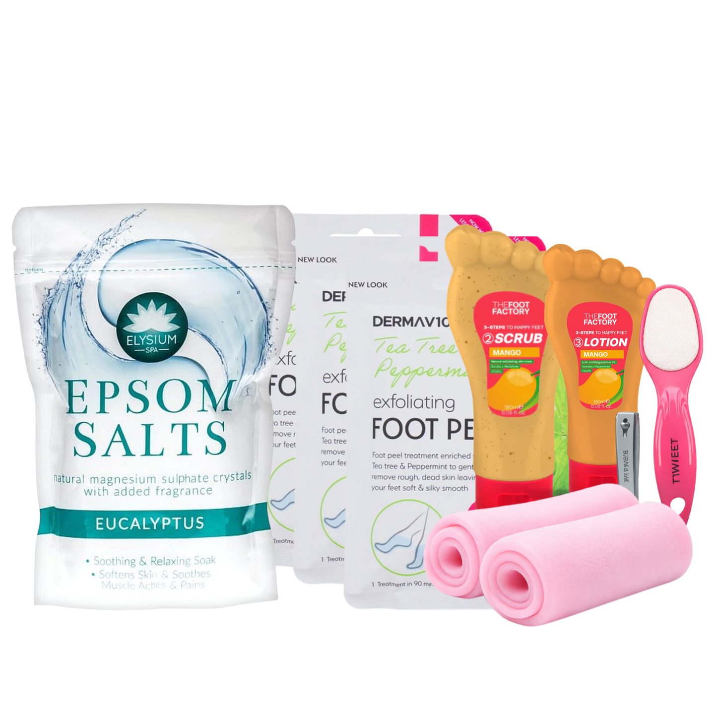 At-home foot care spa gift set including eucalyptus epsom salts, tea tree foot peel masks, exfoliating foot scrub, hydrating foot lotion, silicone foot socks and double-sided foot file