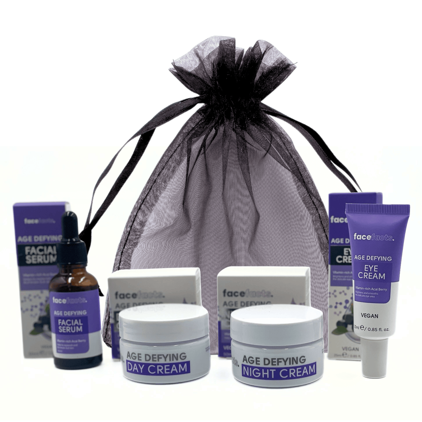 Age Defying Vegan Skincare Gift Set – Acai Berry Face Care Collection with Serum, Eye Cream, Day & Night Cream in Gift Bag
