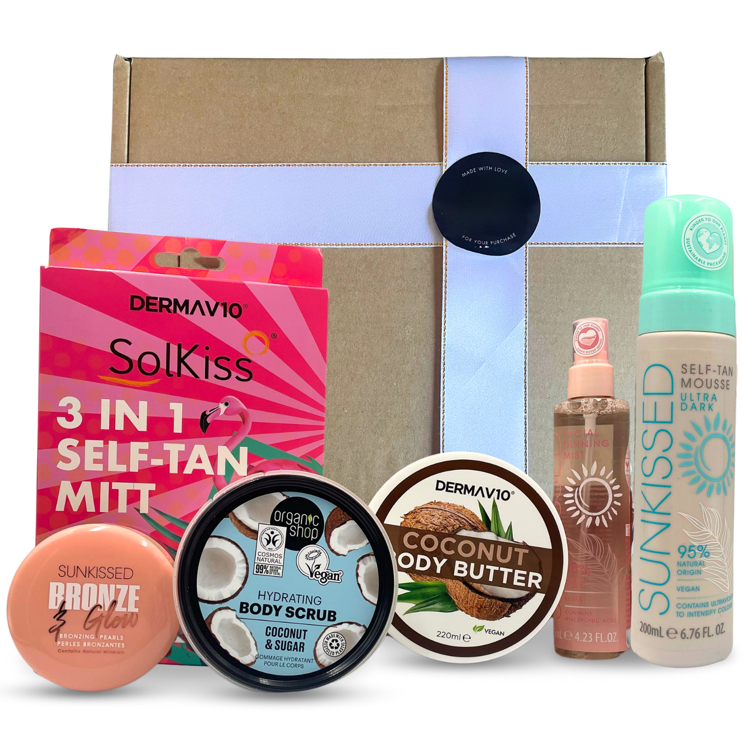 Self Tanning Kit, 6 Pieces – Facial Mist, Mousse, 3-in-1 Mitt, Scrub, Coconut Butter & Bronzing Pearls for Face & Body Glow (Ultra Dark)