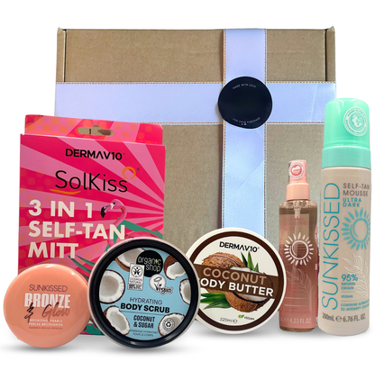 Self Tanning Kit, 6 Pieces – Facial Mist, Mousse, 3-in-1 Mitt, Scrub, Coconut Butter & Bronzing Pearls for Face & Body Glow (Ultra Dark)