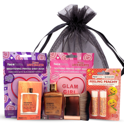 Shimmering Beauty Bundle - Hair, Face & Body Oil, Lip Balm, Sheet Masks & Applicator