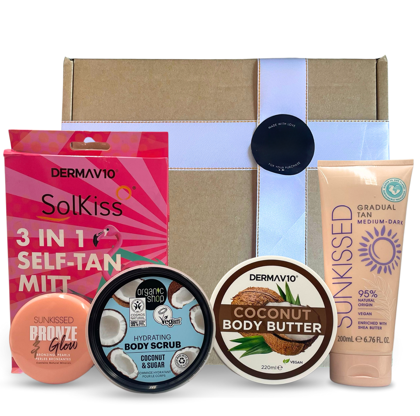 Complete Self Tan Kit – Medium to Dark Tanning Cream 200ml, 3-in-1 Mitt, Body Scrub, Coconut Lotion & Bronzing Pearls for Glowing Skin