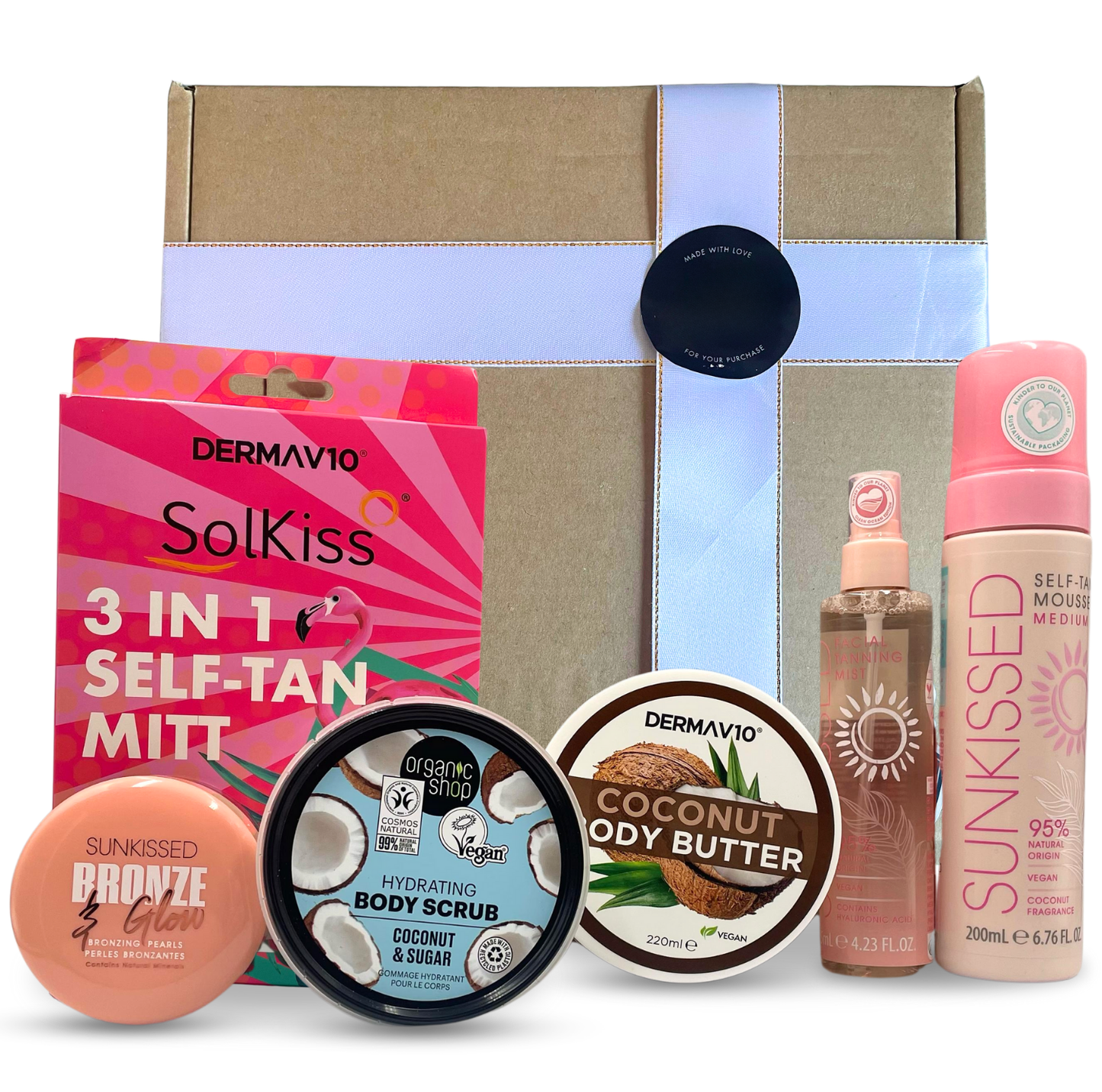 Self Tanning Kit, 6 Pieces – Facial Mist, Mousse, 3-in-1 Mitt, Scrub, Coconut Butter & Bronzing Pearls for Face & Body Glow (Medium)