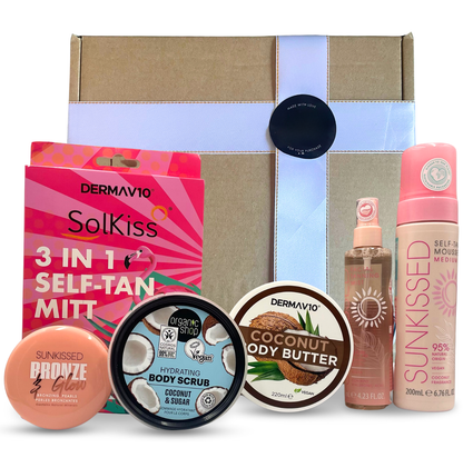 Self Tanning Kit, 6 Pieces – Facial Mist, Mousse, 3-in-1 Mitt, Scrub, Coconut Butter & Bronzing Pearls for Face & Body Glow (Medium)