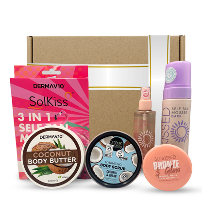 Self Tanning Kit, 6 Pieces – Facial Mist, Mousse, 3-in-1 Mitt, Scrub, Coconut Butter & Bronzing Pearls for Face & Body Glow (Dark Shade)