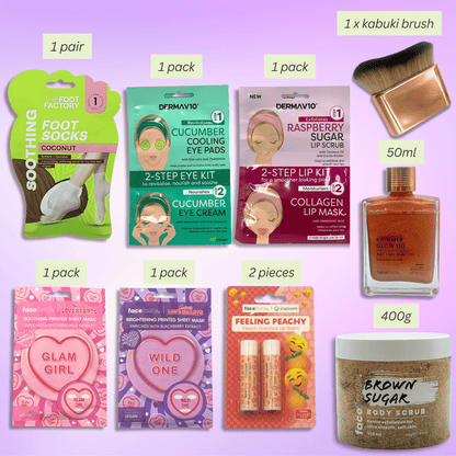 Infographic showing contents of beauty pamper gift set including eye pads, lip scrub, lip mask, sheet masks, foot socks, body oil, kabuki brush and body scrub