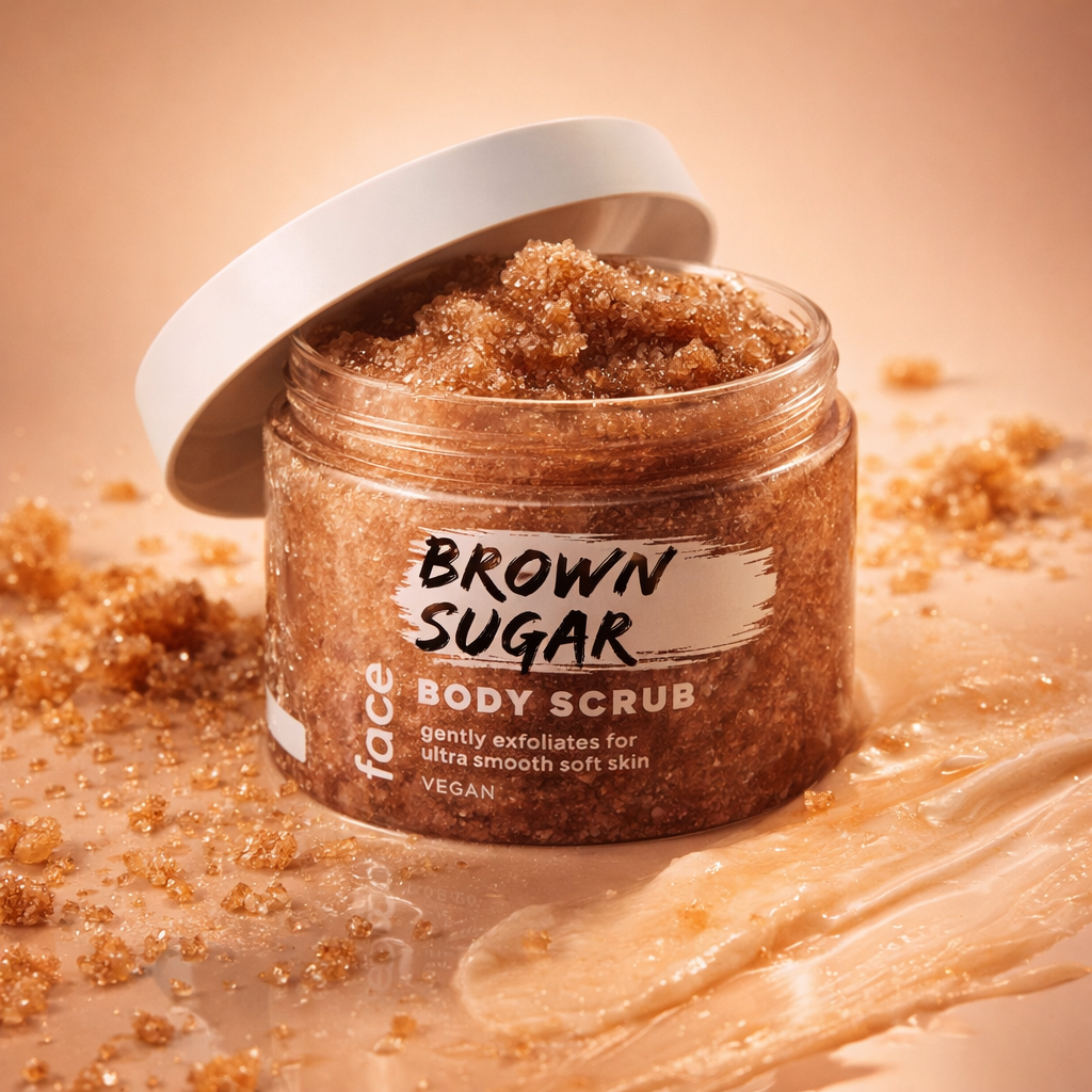 Brown sugar body scrub in open jar showing exfoliating texture for smooth and soft skin
