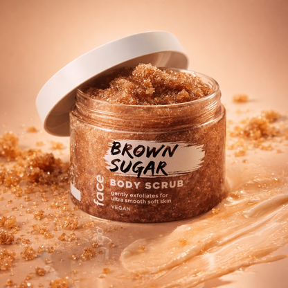 Brown sugar body scrub in open jar showing exfoliating texture for smooth and soft skin