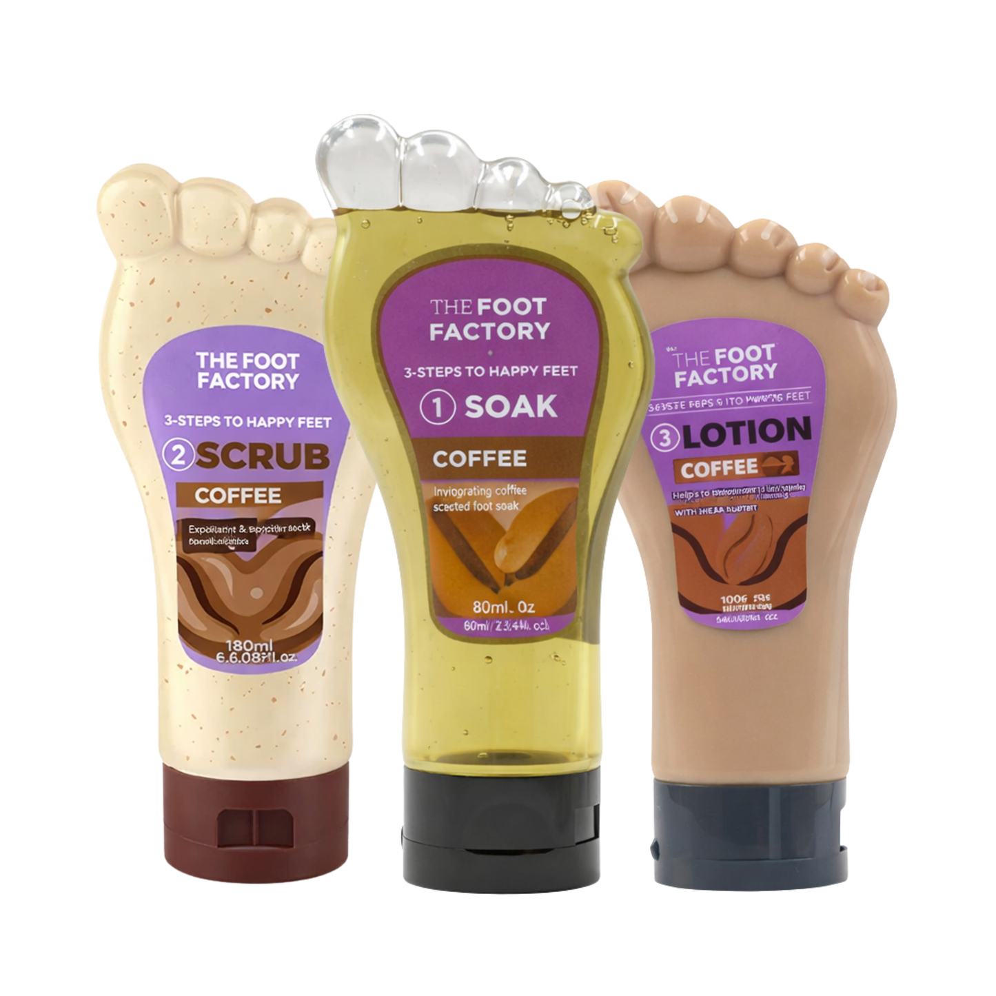 Coffee foot care set with exfoliating scrub, invigorating foot soak and nourishing foot lotion for tired feet