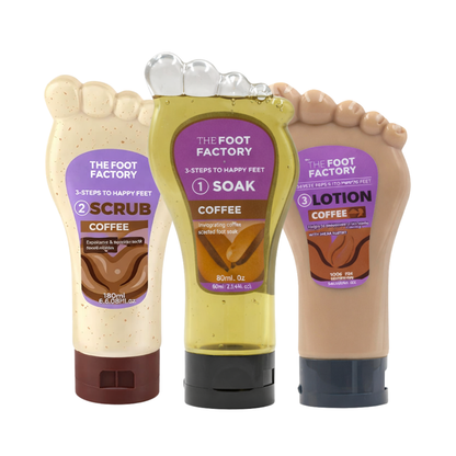 Coffee foot care set with exfoliating scrub, invigorating foot soak and nourishing foot lotion for tired feet